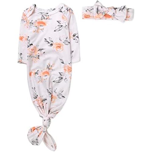 Baby Girl, Boy Knotted Infant Sleeper Gown with Headband or Hat, Baby Coming Home Outfit for Boy Girl Fall Winter 0-6 Months
