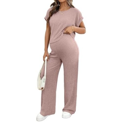 BLENCOT Maternity Clothes Ribbed Short Sleeve Maternity Pajamas Sets Sleepwear Lounge 2 Piece Matching Outfits Set