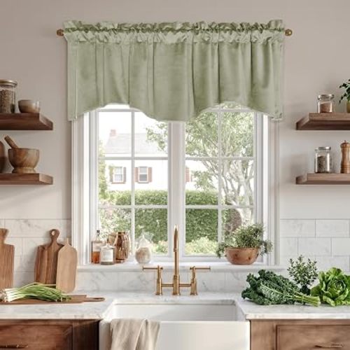 Sage Green Valance for Windows - Kitchen, Living Room, Bedroom Curtains, Scalloped Window Treatment, Velvet, 42" W x 18" L, 1 Panel