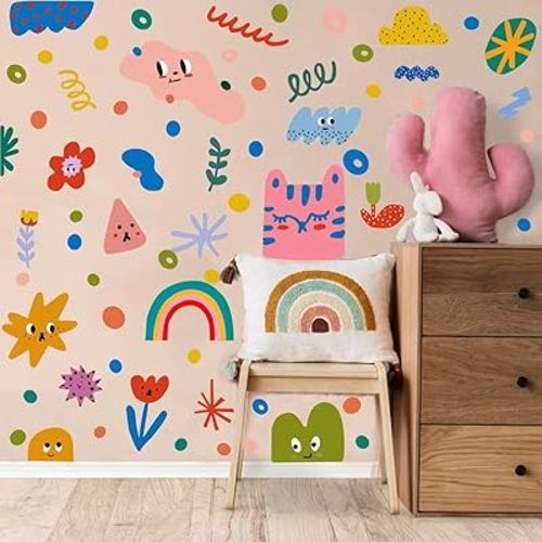 Colorful Abstract Shape Wall Stickers, Lovely Smile Clouds Rainbow Irregular Dots Vinyl Wall Decals, Removable Geometry Shape DIY Wall Art for Classroom Kindergarten Playroom Decor