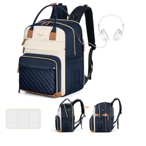 Diaper Bag Backpack - Extra Large Diaper Bag for 2 Kids Twin, Travel Baby Bags for Mom Dad 25-37L Expandable with Changing Pad Earphone Hole, Apricot Blue