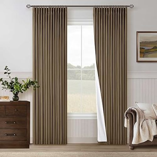 Brown Pinch Pleated 100% Blackout Linen Curtains for Bedroom 84 Inch Length Room Darkening with Liner Dutch Cocoa Window Curtains 84 Inches Long for Living Room Black Out Pleat Drapes Back Tab