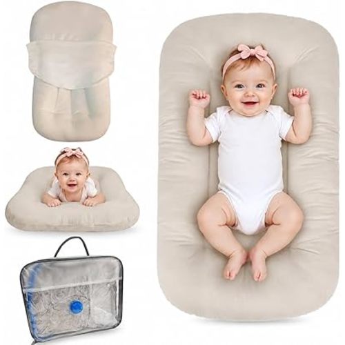 Baby Lounger for Newborn 0-24 Months, Bionic Design Infant Floor Seats & Loungers for Home and Travel, Soft Organic Cotton Baby Lounger, Newborn Babies Shower Gifts (Apricot)