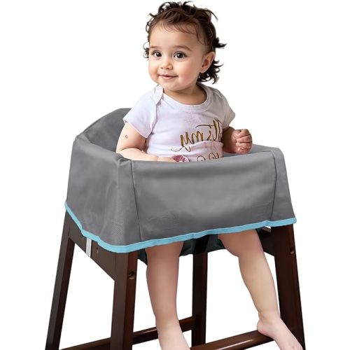 Reusable Waterproof High Chair Cover,for Wooden or Restaurant High Chair, Protect Against Messy Meals and Dirty,Dual-Belt Baby High Chair Cover,Waterproof and Washable,Gray
