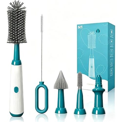 Electric Bottle Brush Set, 6-in-1 Electric Cleaning Brush with Waterproof Silicone Cleaner, 3 Replaceable Brush Heads, Straw Brush & Extension Rod, for Baby Feeding Supplies and Kitchen Utensils