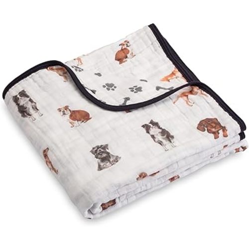 LollyBanks Muslin Baby Blanket 100% Organic Cotton, Muslin Quilt Lightweight, 6 Layers Baby Blankets 47"x 47", Toddler Blanket for Boy and Girl, Nursery Receiving Blankets (Puppies Print)