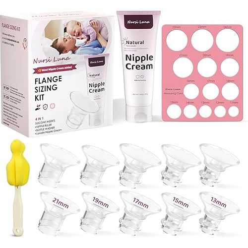 Flange Sizing Kit with 10PCS Flange Inserts 13/15/17/19/21mm, Silicone Breast Pump Flange Insert Kit for 24mm Flanges/Shield Breast Pumps, Pumping Essentials Kit for Moms