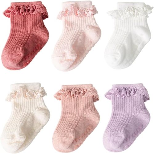 AQOKKA Baby Girl Toddlers Socks with Non-slip Grip Cute Frilly Ruffle Ankle Soft Cotton Newborn Baby Socks for Infant Kids