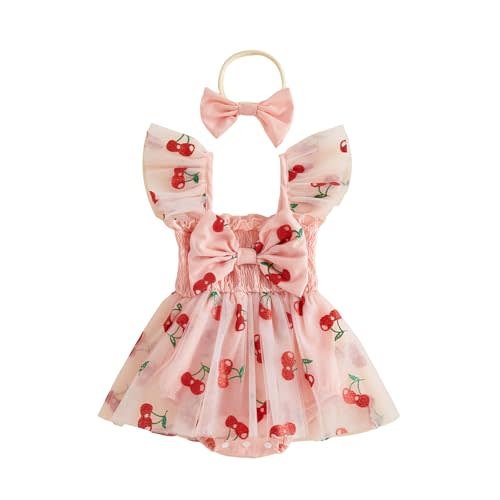 PUHHAPIEY Newborn Baby Girl Outfit Strawberry Shortcake Dress Romper Cherry | Strawberry Cake Smash Onesie Outfit, Ruffle Bow Design, Mesh Tulle Dresses, Summer Clothes for 3 6 12M, Headband