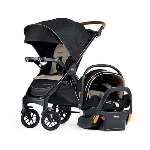 Chicco Bravo Primo ClearTex 3-in-1 Trio Travel System, Bravo Primo Quick-Fold Stroller with KeyFit Max Zip ClearTex Infant Car Seat and Base, Somerset/Black