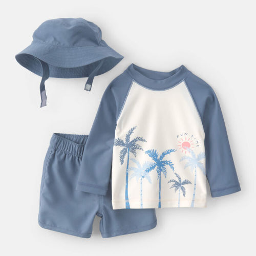 Baby Boy 3-Piece Palm Tree Solid Long-Sleeve Rashguard Swimsuit Set - White | Carter’s Oshkosh Canada