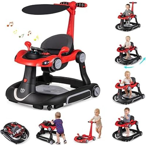 BABY JOY 7-in-1 Baby Walker, Foldable Baby Walker and Bouncer Combo with Handle, Adjustable Height & Speed, Music, Lights, Rocker/Push Mode, Baby Walker with Wheels for Boys Girls 7-18 Months (Red)