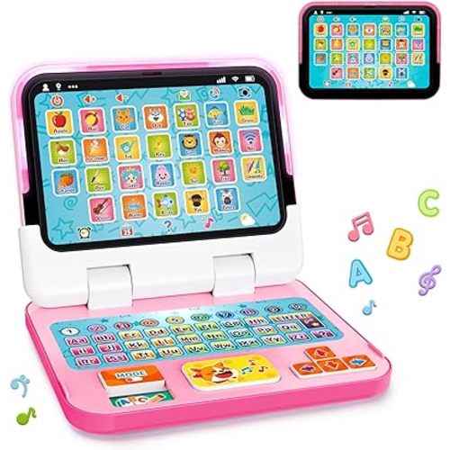 Learning Toy for Kids 1 2 3 Year Old Boys Girls, Learning Laptop for Toddlers 1-3, Interactive Educational Toys with Music Sounds Lights, Christmas Birthday Gifts for Baby Kids Age 12-18 Months, Pink