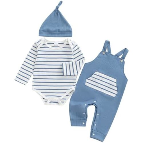 Newborn Baby Boy Fall Winter Clothes Striped Long Sleeve Romper Overall Pants Hat 3Pcs Set Cute Coming Home Outfit