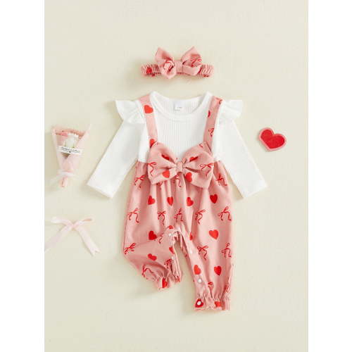 Loicainy Baby Toddler Girl Valentines Day Jumpsuit, 3 6 9 12 Months Long Sleeve Heart Bow Print Fake-two Romper with Headband Clothes