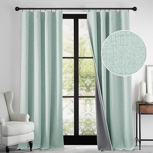 RYB HOME 100% Blackout Linen Textured Curtains 84 inches Long, Thermal Insulating Privacy Energy Saving for Bedroom Living Room Window Office Theater Baby Nursery, W 52 x L 84 in, Aqua, 2 Panels