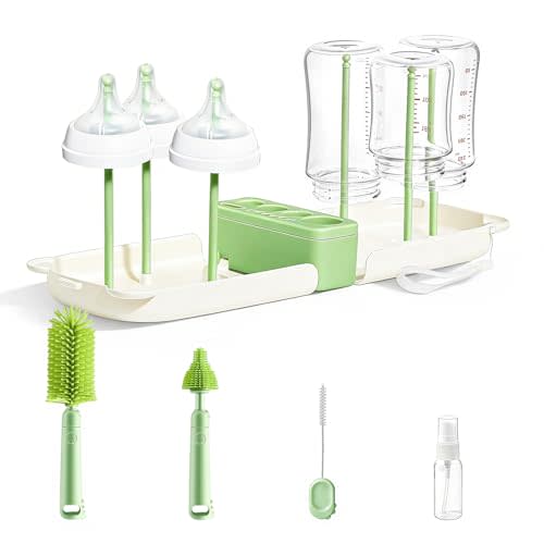 Travel Bottle Washing Kit with Storage Case, 7-in-1 Baby Travel Bottle Cleaner Kit for Travel and Home, All-in-One Baby Bottle Brush Set with Drying Rack for Bottles and Breast Pump Parts (Green)