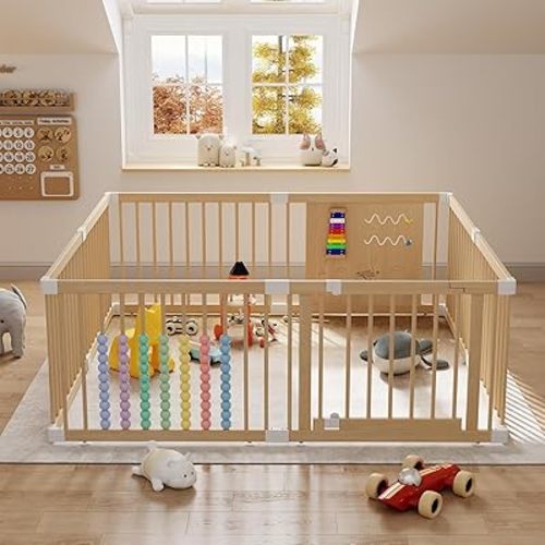 Large Wooden Baby Playpen for Babies and Toddlers, Adjustable Play Yard with Anti-Slip Base, Locking Gate & Easy Assembly, Indoor Kids Activity Center Safety Play Fence 63×63