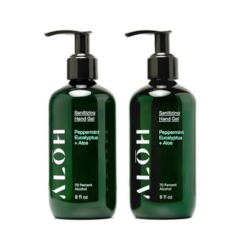ALŌH Hand Sanitizer Gel 2-Pack, Peppermint Eucalyptus + Aloe, 70% Alcohol | Moisturizing, Scented, Non-Sticky Skin-Softening Formula with Essential Oils | For Kids & Adults | 8 Oz Bottle