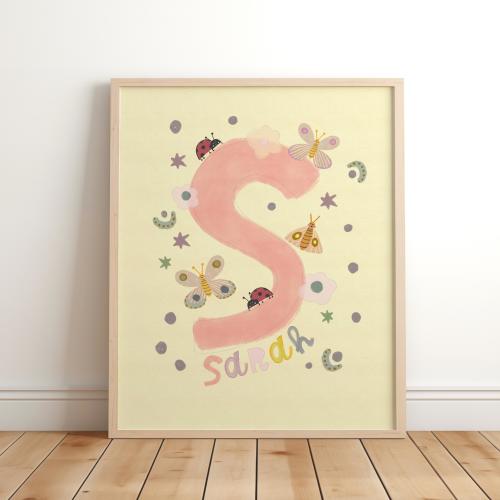 personalised girls name print, butterflies, flowers, pastel shades, customised initial print, personalised nursery decor, bedroom, gift girl