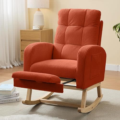 NIOIIKIT Nursery Rocking Chair, Corduroy Upholstered Rocking Chair with Adjustable Footrest, Tufted Rocker Chair with Side Pocket, Glider Rocker for Living Room, Bedroom (Orange Retro)