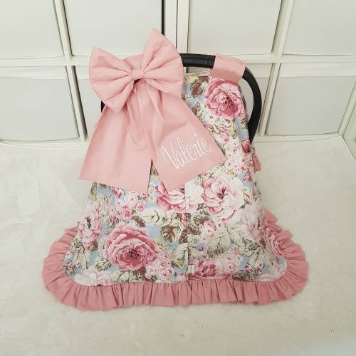 Floral Blush Pink Baby Car Seat Cover Girl with Ruffle , Personalized Baby Girl Car Seat Canopy with Bow , Girl Baby Shower Gift