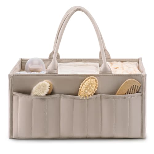 Quilted Diaper Caddy Organizer with Handle, Portable Nursery Storage Basket | Car Caddy Organizer for Changing Table, Gifts for New Parents, Baby Shower, Newborn Essentials (Light Khaki )