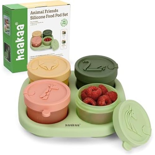Haakaa Silicone Baby Food Containers, 4oz/120ml Baby Food Jars with Leakproof Animal Lids and Tray, Freezer-Safe Storage for Homemade Purees, Snacks & Meal Prep, 4 Pack, Spring Green Tray