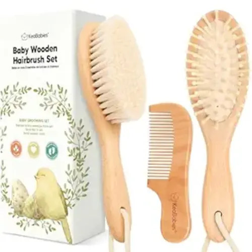 Wooden Baby Hair Brush Set for Newborns, Toddlers - Soft Goat Bristle Baby Brush and Comb Set Newborn Grooming Kit for Cradle Cap Care, Durable & Gentle, Boy, Girl Infant Essentials (Regular, Walnut)