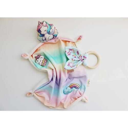 Rainbow Unicorn Baby Lovey Set, Security Blanket Teething Ring, Handmade Baby Shower Gift, Newborn Comfort Toy, Unicorn Nursery Girl Gift