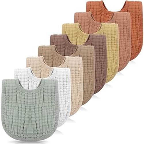 Frienda 8 Pcs Muslin Bibs Baby Cotton Bandana Drool Bibs Bulk for Boys Girls Newborn Infant 6 Absorbent Layers Bibs Feeding Accessory(Warm Colors)