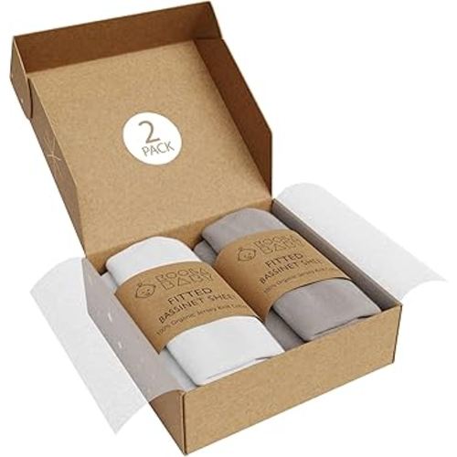 Bassinet Sheet for Bassinet Mattress - 100% Organic Jersey Knit Cotton - Snuggly Soft & Cozy Sheets Fitted for Ronbei, Amke, Baby Delight & Fodoss Bedside Sleeper - White & Grey - 2 Pack