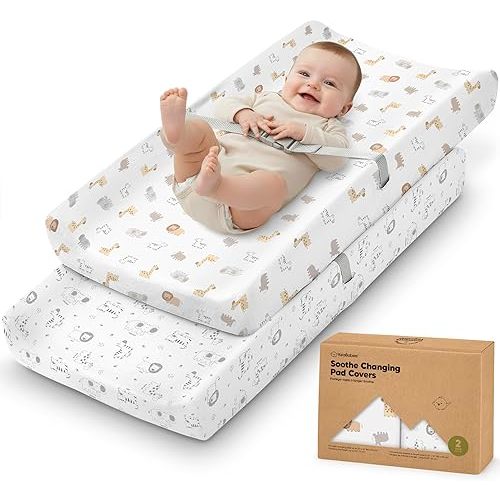 2-Pack Organic Changing Pad Covers for Girl, Boy, Neutral - 100% Cotton Changing Table Pad Cover, Soft Baby Nursery Diaper Changing Pad Sheets,Contour Changing Pads Liners,Change Pad Cover(KeaSafari)