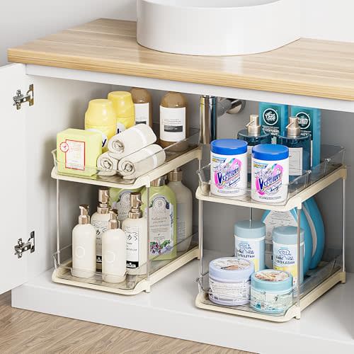 Delamu 2-Tier Multi-Purpose Bathroom Under Sink Organizers and Storage, Stackable Kitchen Pantry Organization, Pull Out Medicine Cabinet Organizer with Movable Dividers, Beige, 2 Pack