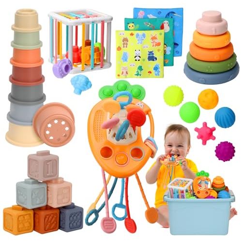 Baby Toys 6 to12 Months, 7 in-1 Montessori Toy for 6-9-12-18 Month Old with Pull String Toy, Sensory Bin Toys, Stacking Baby Blocks & Soft Infant Ring & Sensory Ball, Stacking Cups for Toddler 1-3Gift