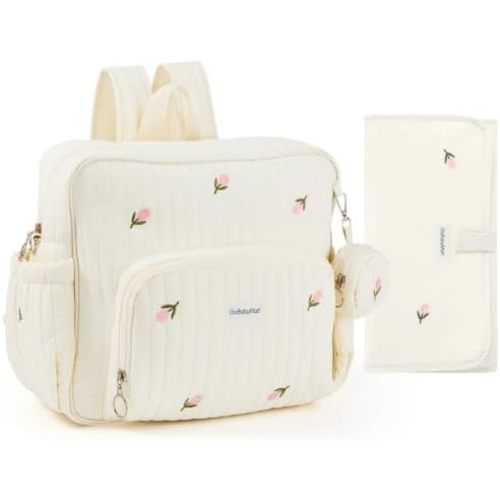 GOBABYMART Diaper Bag Backpack with Changing Pad - Travel Baby Bag, Insulated Bottle Pockets, Stroller Straps (Medium - Beige Tulips)
