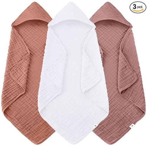 Sunny zzzZZ Muslin Hooded Baby Bath Towels - 3 Pack 100% Cotton Soft Low-Saturation Pastel Towels Including Classic White for Newborns, Infants, Toddlers - 32x32 Inch - Deep Bean Paste and White