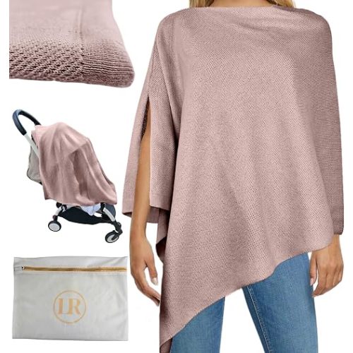 Little Rou Nursing Cover for Breastfeeding, Breathable Organic Cotton & Cashmere Poncho, Privacy Peekaboo Feature, Soft Breast Feeding Shawl for Women – Includes Laundry Bag (Mauve)