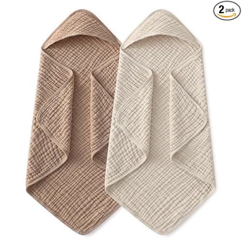 Hooded Baby Towels for Newborn 2 Pack 100% Muslin Organic Cotton Baby Bath Towel with Hood for Babies, Infant, Toddler and Kids, 32x32Inch, Soft and Absorbent Newborn Essential, Beige&Coffee