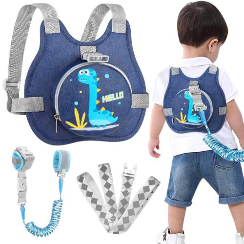 Accmor Toddler Safty Harness Leash, Cute Dinosaur Child Leashes + Reflective Anti Lost Wrist Link, Foldable Baby Walking Harness Pocket Kids Tether Protection for Boys Girls Aged 1-5 to Travel Outdoor