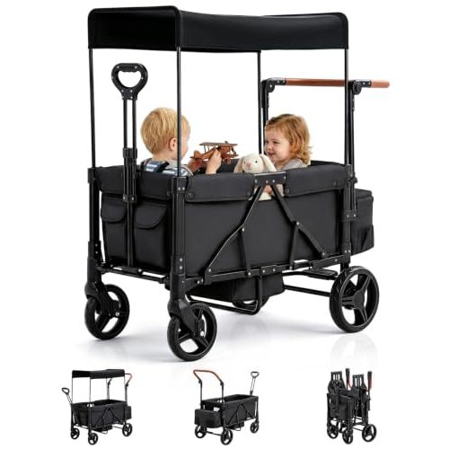 Foldable Wagon Stroller for 2-Seat with Canopy & Storage Bag Black | 5-Point Harness, Adjustable Push & Pull Handle, All-Terrain Wheel, Folded Size 34" x 22.4" x 16.5", One-Step Foot Brake
