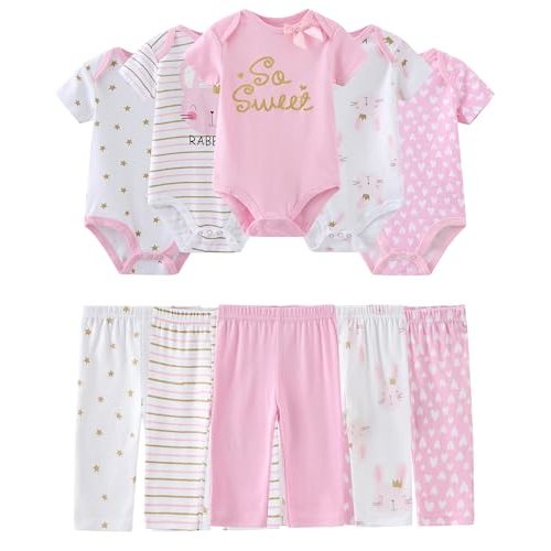 Baby Girl Bodysuit and Pant Set Cotton Ribbed Mix Summer Infant Girls Clothes Outfits 0-12 Month