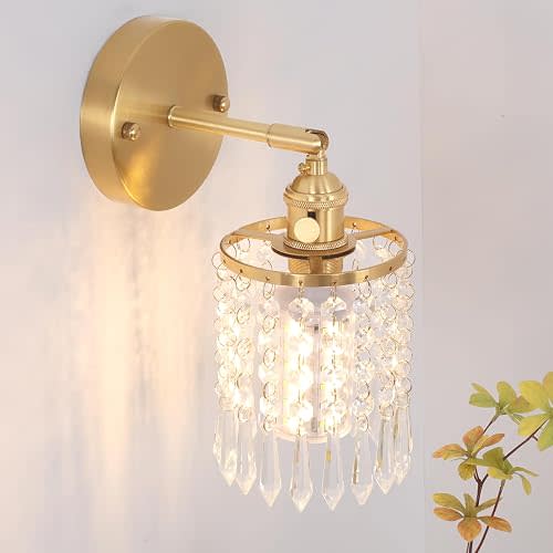 Shenmoyl Crystal Battery Operated Wall Sconce, Rechargeable Battery Powered Wall Lamp with Remote Control, Modern Dimmable Wireless Wall Lights Fixture for Bedroom Bathroom(Transparent, Gold Base)