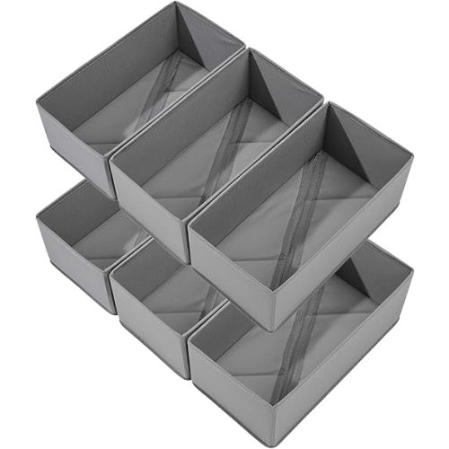 Bructhun Sock Drawer Organizer 6 Pack - Collapsible Fabric Storage Bins for Underwear Divider, Small Closet Organizers with 6 Compartments, Gray