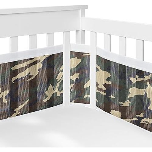 Sweet Jojo Designs + BreathableBaby 2-Piece Breathable Mesh Crib Liner Set (Woodland Camo) for Boys, Baby, Infants/Newborn Nursery (Rustic, Forest, Army Military, Camouflage Print, Beige, Green/Black)