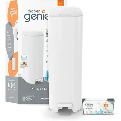 Diaper Genie Platinum Pail (Lily White) is Made in Durable Stainless Steel and Includes 1 Easy Roll Refill with 18 Bags That can Last up to 5 Months.