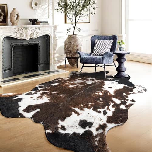 Faux Cowhide Rug, Fluffy Fur 4.6x5.2 Feet Washable Cow Print Rug for Living Room Bedroom Animal Print Hide Skin Rustic Western Décor Black and Brown