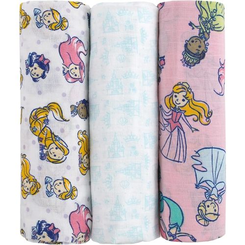 Disney Princesses Pink, Aqua, Lavender, Green, and White 3 Piece Muslin Swaddle Baby Blanket Set