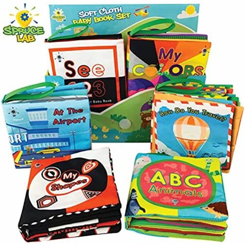 Spruce Lab Educational Soft Baby Books - 6 Cloth Book Set - Early Learning Sensory Development for Babies - Crinkle Touch and Feel Toddler Toy - High Contrast
