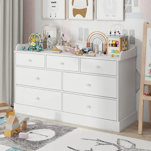 Vabches Kids Dresser Cabinet with 7 Drawers, Changing Table for Nursery, White Chest of Drawers, Baby Dresser, Kids Bedroom Furniture, Nightstand for Child’s Room, White